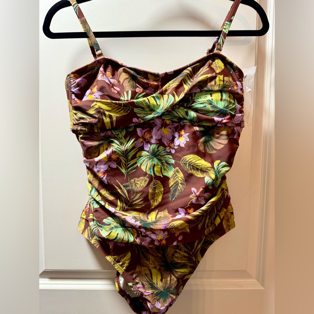 Shade & Shore Brown Green One Piece Swimsuit Tropical Design